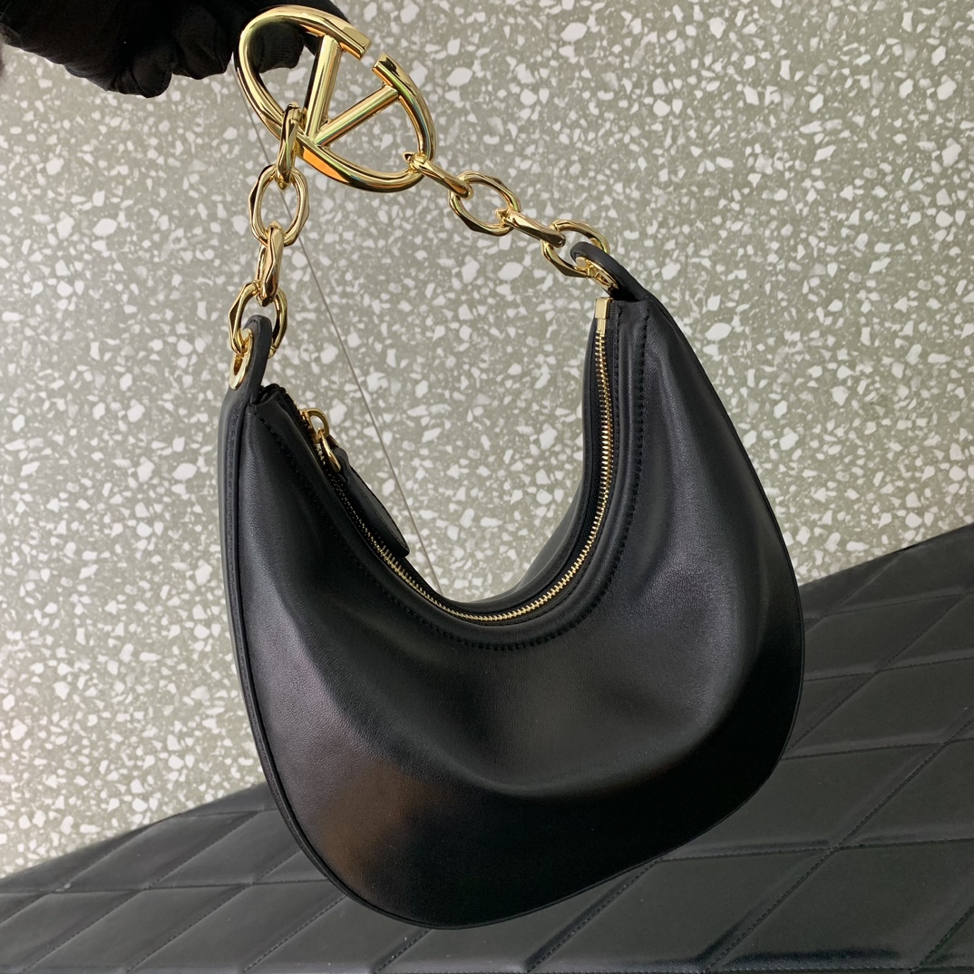 Valentino Garavani VLogo Moon Mini Hobo Bag in Black Nappa Leather 